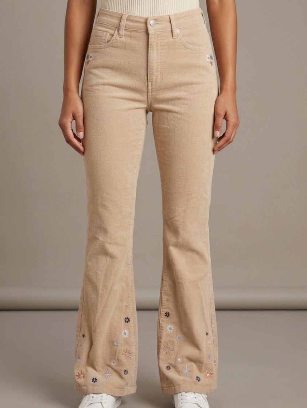 [[Forever 21]] Beige Embroidered Flare Jeans